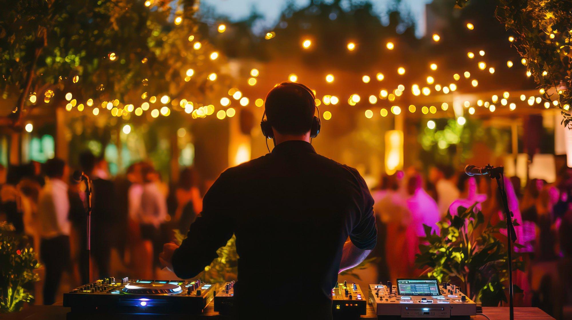 DJ legt bei einer stimmungsvoll beleuchteten Outdoor-Party auf, Gäste tanzen im Hintergrund.