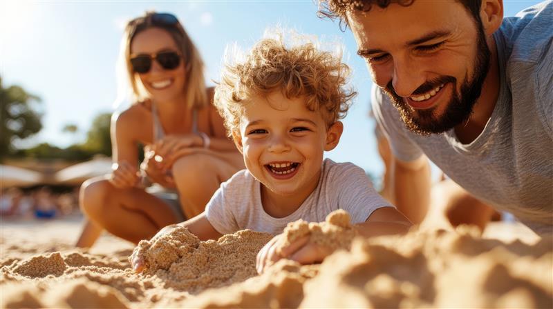 Kleiner Junge baut Sandburg im Sand mit seinen Eltern.