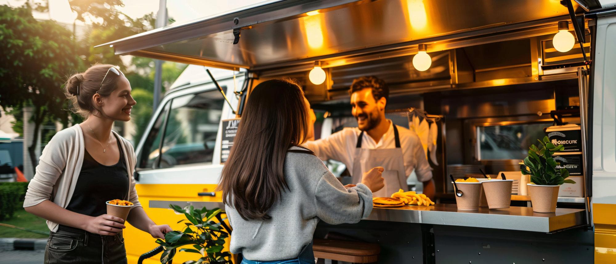 Zwei Frauen bestellen Pommes an einem gelben Foodtruck bei Sonnenuntergang.