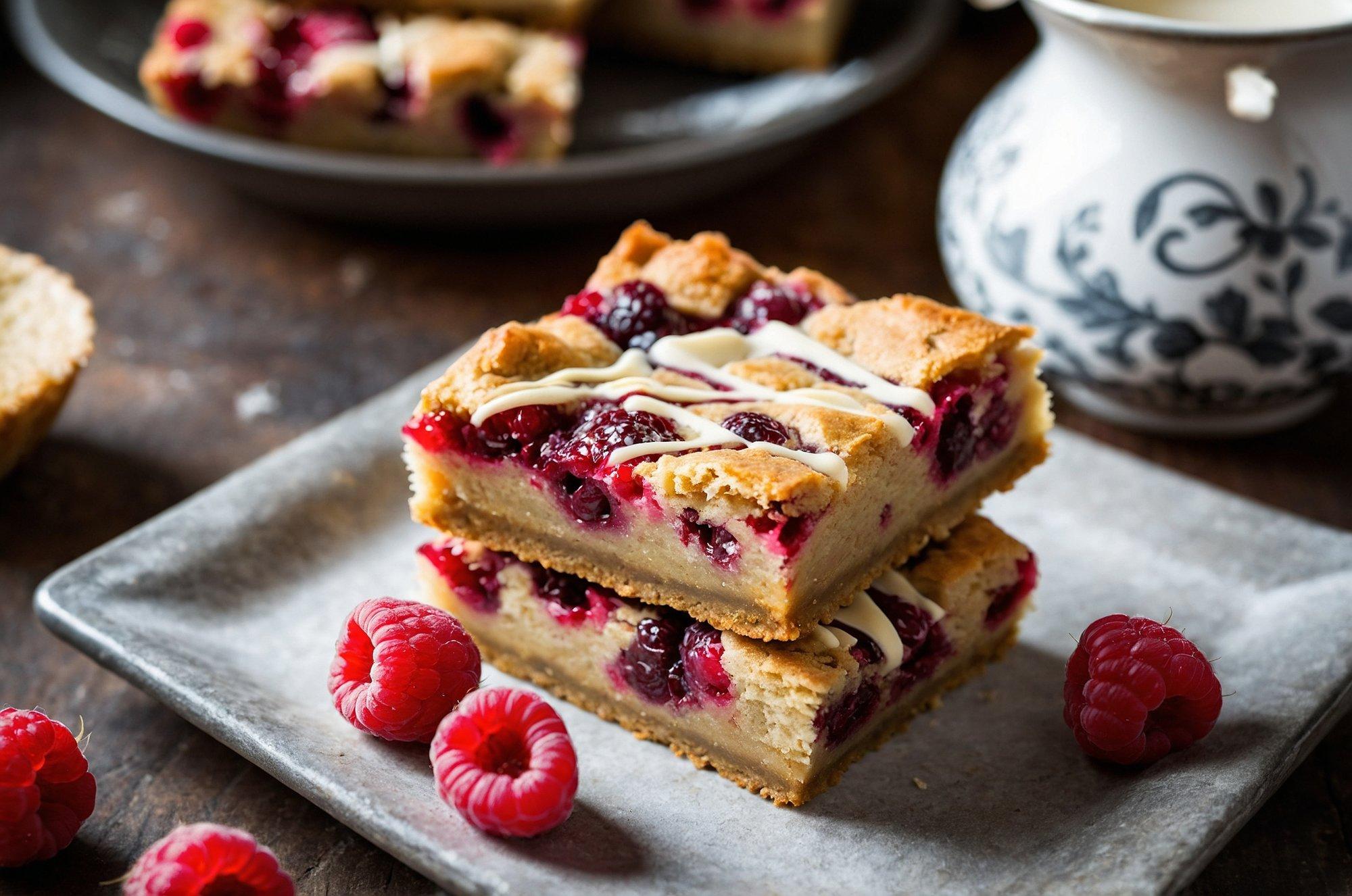 Zwei Stück Beerenkuchen mit Himbeeren und weißer Glasur, dekoriert mit frischen Himbeeren auf grauem Teller.